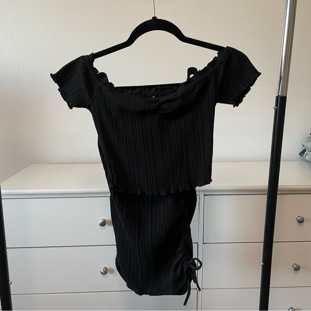 Endless Blu Black Off-Shoulder Pleated Top and Skirt Set